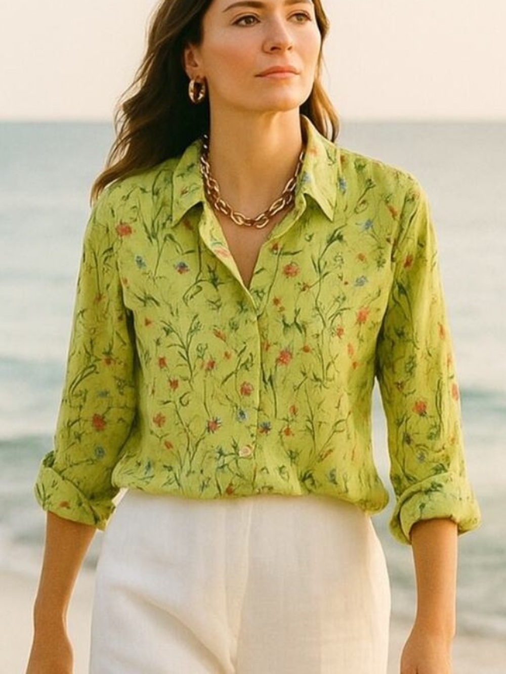 120% Lino Top Womens EU 46 L Yellow Button Up 3/4 Sleeve Breathable